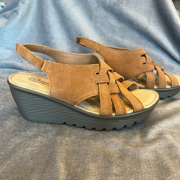 Skechers Shoes - Skechers Camel Suede Slingback Wedge Memory Foam Sandal, Size 7
